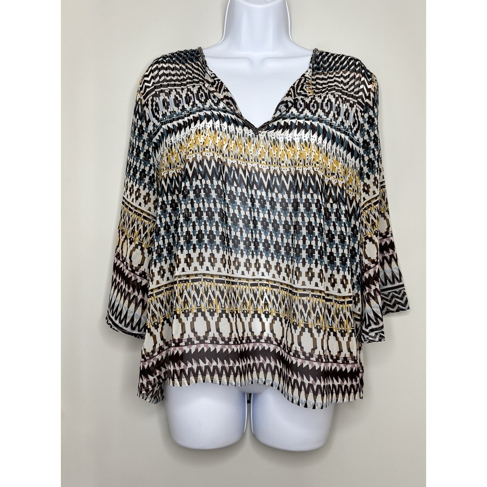 Ariat Sheer Western Top‎ Womens S Brown Aztec Punchy Cowgirl Rodeo Boho Flowy